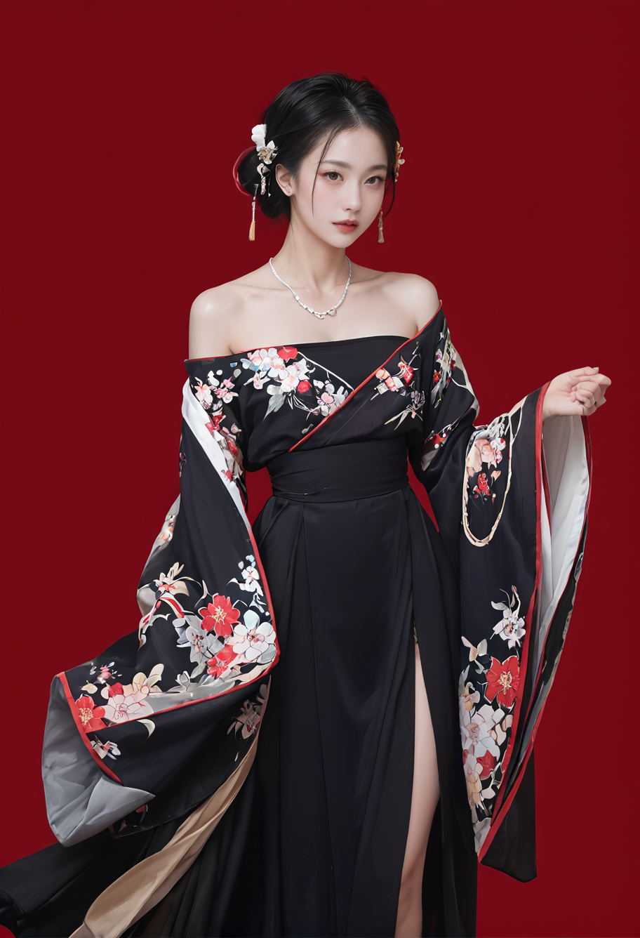 29647-3556456301-red background,1girl,solo,,ruanyi0766,floral print,hanfu,jewelry,off shoulder,wide sleeves,barefoot,strapless,black dress,_lora_.png